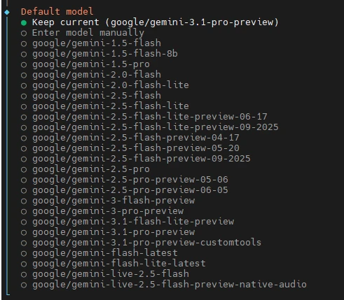 Terminal mit Liste von google/gemini-Modellen; oberstes Element Keep current (google/gemini-3.1-pro-preview).