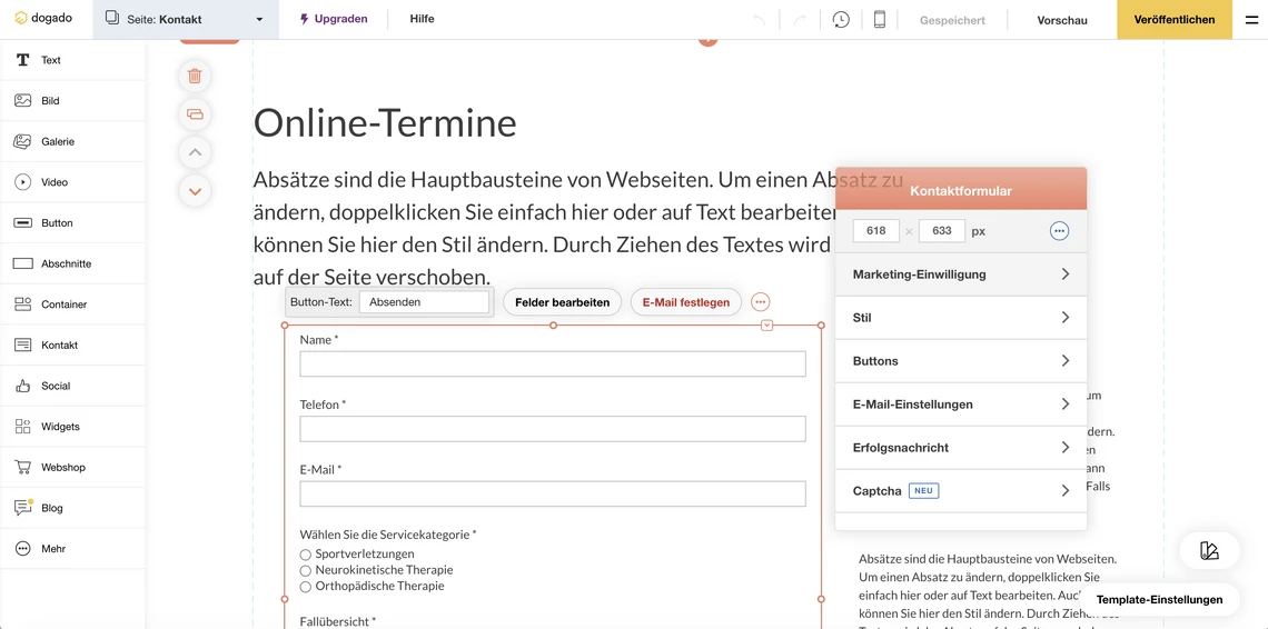 Screenshot einer Webseite mit Online-Termine; vorne ein Kontaktformular-Modal mit Feldern für Name, Telefon und E-Mail.