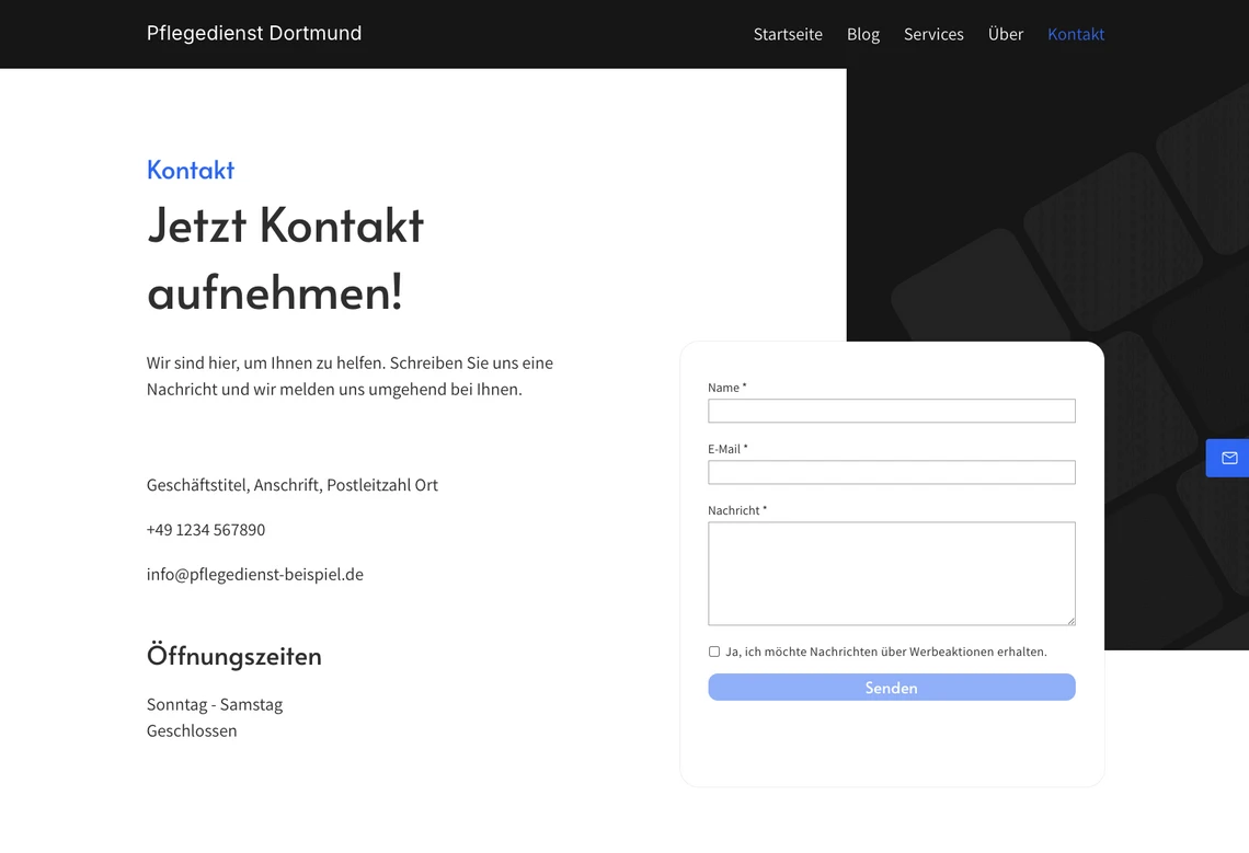 Kontaktseite mit schwarzem Topbanner, linke Spalte: 'Jetzt Kontakt aufnehmen!' und Kontaktdaten; rechts Formular, dunkler Hintergrund.