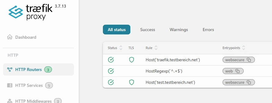 Traefik Proxy-Dashboard: linkes Menü, Tabelle mit drei Host-Einträgen und EntryPoint websecure, grüne Statussymbole.