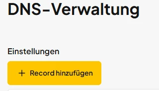 DNS-Verwaltung Überschrift, Bereich Einstellungen, gelber abgerundeter Button mit '+ Record hinzufügen'.