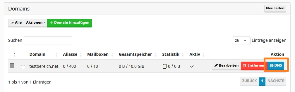 Screenshot einer Domain-Verwaltungsoberfläche mit der Domain testbereich.net, DNS-Schaltfläche und Bearbeiten/Entfernen.