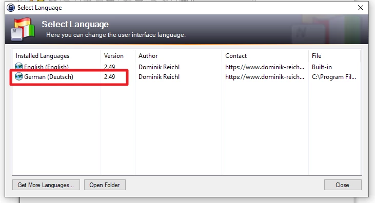 Fenster Select Language mit Liste installierter Sprachen; Deutsch (Deutsch) ist hervorgehoben, daneben English (English).