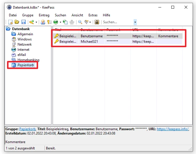 KeePass-Fenster; linke Baumansicht zeigt Ordner 'Papierkorb' und zwei Einträge mit dem Titel 'Beispiel...'.