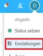 Obere blaue Leiste mit Profilavatar D; Dropdown zeigt dogado, Status setzen (grüner Punkt) und Einstellungen (Hamburger).