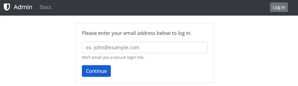 Zentrales weißes Anmeldeformular mit E-Mail-Feld, Beispieltext ex. john@example.com, blauem Continue-Button.
