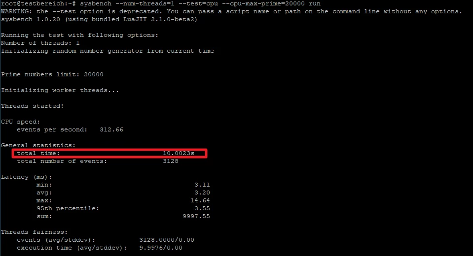 Terminalausgabe mit Teststatistiken: Threads gestartet, Ereignisse/sek. 312.66; Latency (ms): min/max/avg; roter Rahmen.
