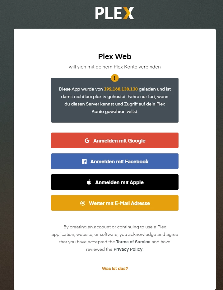 Plex-Web-Anmeldeseite mit Logo und vier Buttons: Google (rot), Facebook (blau), Apple (schwarz), E‑Mail (gelb).