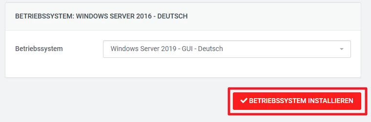 Bildschirm mit Auswahl: Windows Server 2016 – Deutsch, Dropdown Windows Server 2019 – GUI – Deutsch, Installieren-Button.