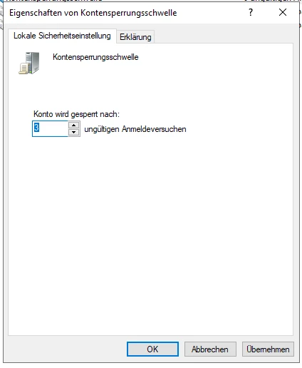 Dialogfenster 'Kontensperrungsschwelle' mit Zahl 3 und 'ungültigen Anmeldeversuchen'; OK, Abbrechen, Übernehmen.
