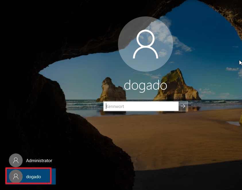 Windows-Anmeldebildschirm mit Strandhintergrund; zentrales Profilbild und Name dogado; unten links Administrator und dogado.