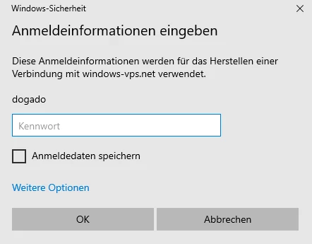 Windows-Sicherheit: Anmeldefenster mit Username 'dogado', Kennwort-Feld, Checkbox 'Anmeldedaten speichern', OK/Abbrechen.