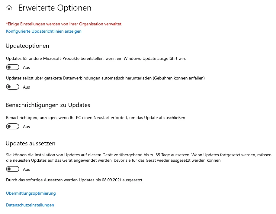 Screenshot der Windows-Update-Erweiterte Optionen mit AUS-Schaltern.