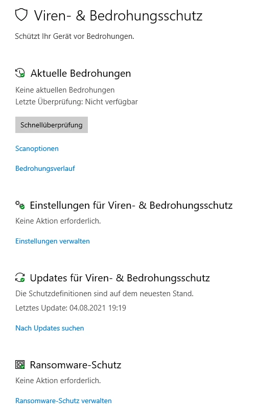 Viren- & Bedrohungsschutz: Schild-Symbol; Abschnitte zu aktuellen Bedrohungen, Updates und Ransomware-Schutz.