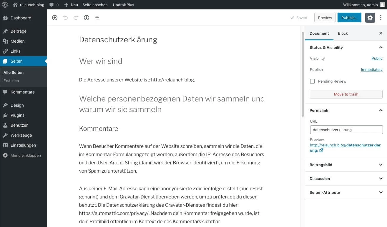 Auszug der Standard-WordPress Datenschutzerklärung