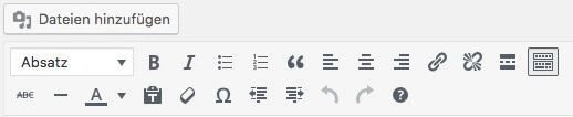 Screenshot eines Texteditors mit Formatierungsleiste, Absätze-Dropdown und Button 'Dateien hinzufügen' in der oberen Leiste.