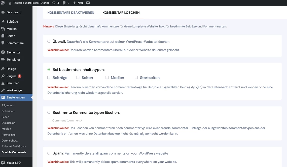Mit dem Werkzeug löscht Du bestehende Kommentare
