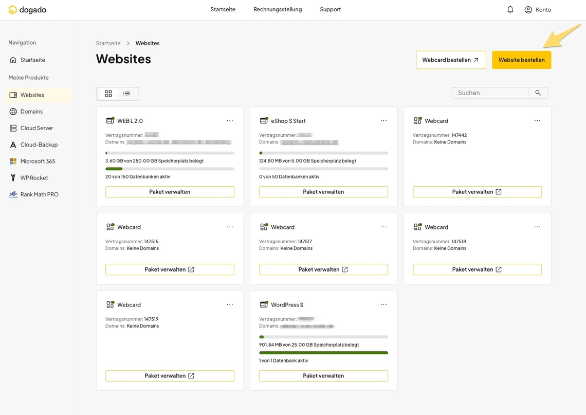 Screenshot einer Verwaltungsoberfläche: linke Navigation, obere Leiste und Karten mit Paket-Verwaltung.