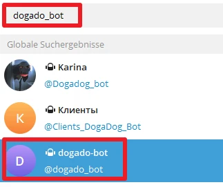 Screenshot einer globalen Suchergebnisse-Liste; hervorgehobenes Profil 'dogado_bot' mit D-Avatar und @dogado_bot.