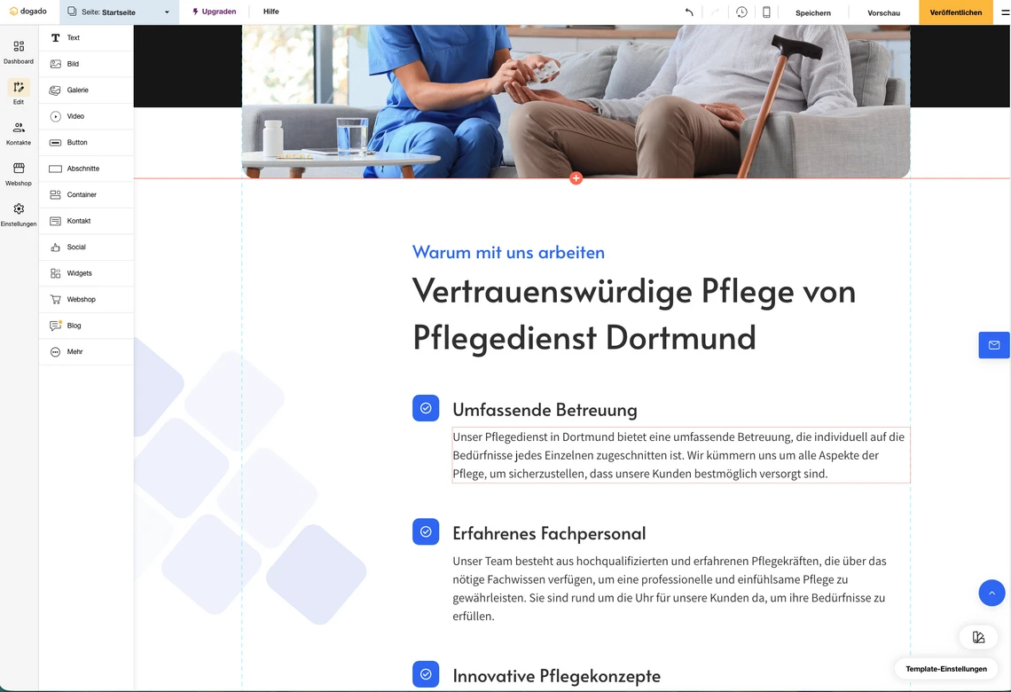Screenshot einer Pflegedienst-Webseite Dortmund; zwei Personen sitzen auf einer Couch, Gehstock daneben.