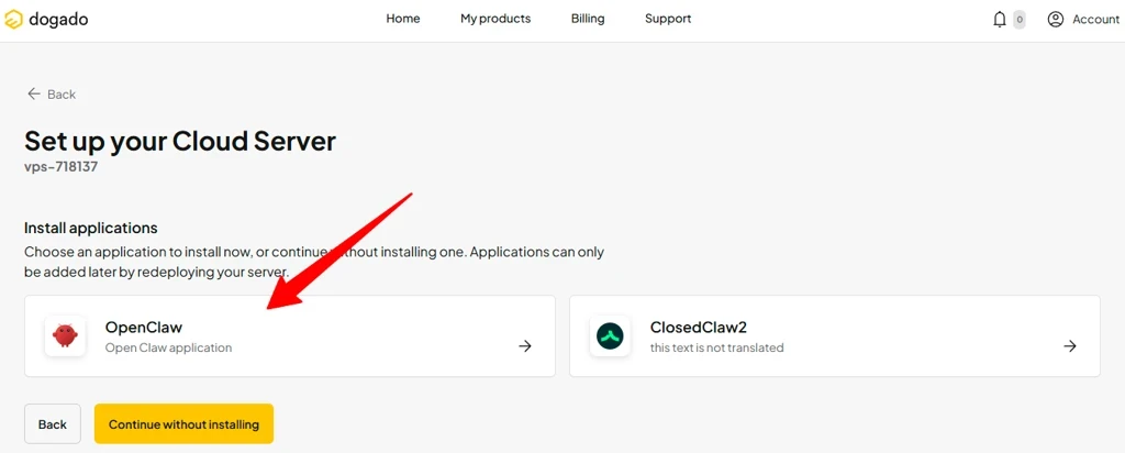 Screenshot einer Cloud-Server-Einrichtung: Zwei Optionen (OpenClaw, ClosedClaw2); gelber Button 'Continue without installing'.