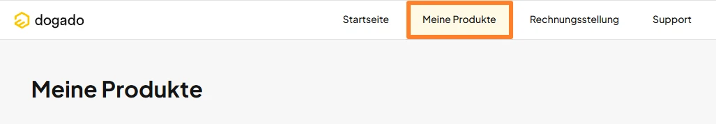 Webseitenkopf mit Logo 'dogado' und Navigationsleiste; orange markiertes 'Meine Produkte'; Seitenüberschrift 'Meine Produkte'.