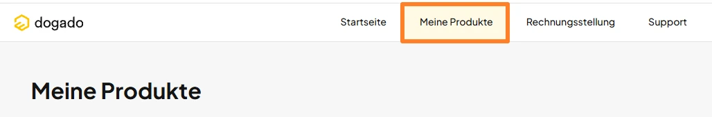 Webseite mit dogado-Logo, Menüleiste; hervorgehobenes Menüelement Meine Produkte in Orange.