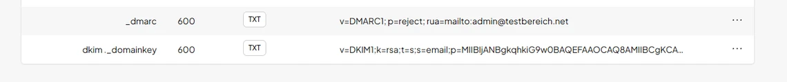 Zwei Zeilen einer Tabelle: _dmarc TXT und dkim._domainkey TXT, jeweils 600.