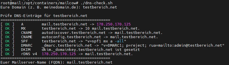 Terminal-Ausgabe: dns-check.sh prüft testbereich.net; [OK] A mail.testbereich.net → 178.250.170.125, MX, CNAME, DKIM, DMARC.