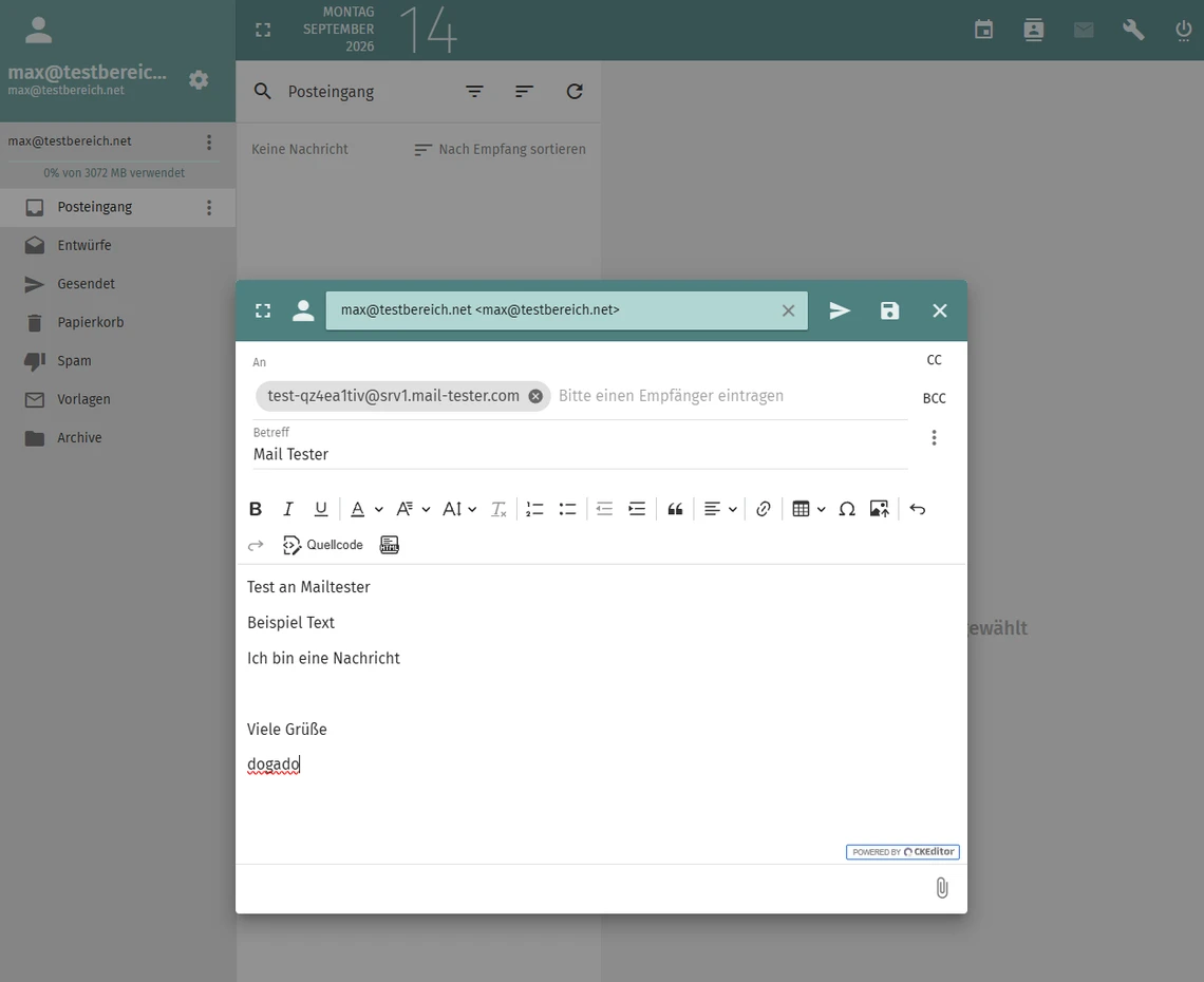 Screenshot eines E-Mail-Clients mit Verfassen-Fenster; Empfänger max@testbereich.net, Betreff und Beispieltext.