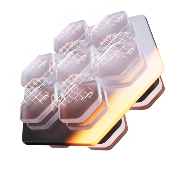 Mehrere graue sechseckige Module mit weißem Gittermuster auf einer goldfarbenen Platte.