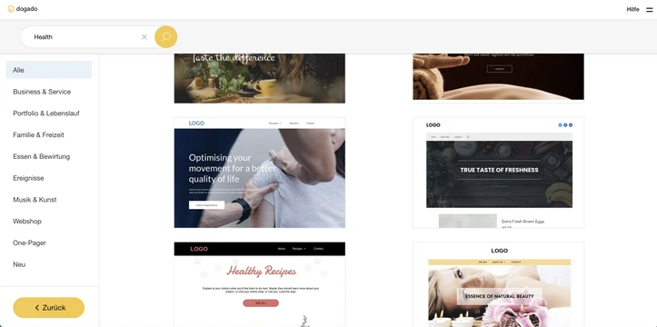 Screenshot einer Webdesign-Galerie: linke vertikale Navigation, mittig Vorschau-Karten mit Logos und Hintergrundbildern.