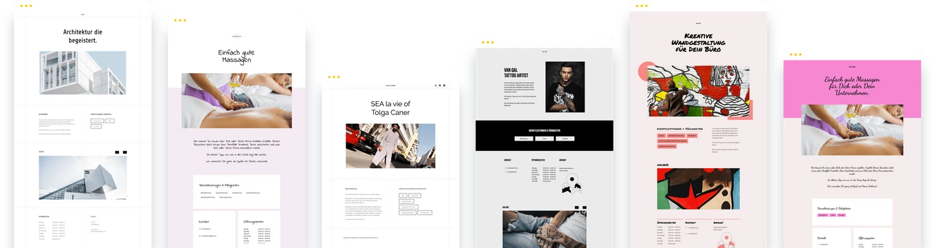 Mehrere Smartphone-Bildschirme nebeneinander zeigen verschiedene Website-Layouts mit Bildern, Textblöcken und Farbschemata.