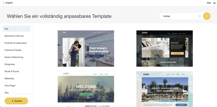 Screenshot einer Template-Auswahl mit vier Vorschau-Templates, linkem Menü und gelbem Zurück-Button.