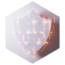 Halbtransparentes Hexagon mit leuchtendem Gitter aus Pluszeichen, Verlauf von Weiß zu Orange.