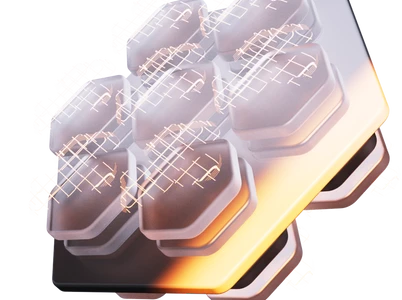 Mehrere graue sechseckige Module mit weißem Gittermuster auf einer goldfarbenen Platte.