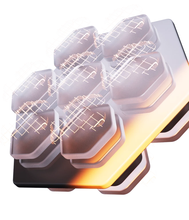 Mehrere graue sechseckige Module mit weißem Gittermuster auf einer goldfarbenen Platte.