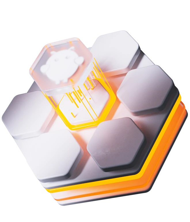 Mehrere graue sechseckige Paneele in hexagonalem Muster mit oranger LED-Beleuchtung.