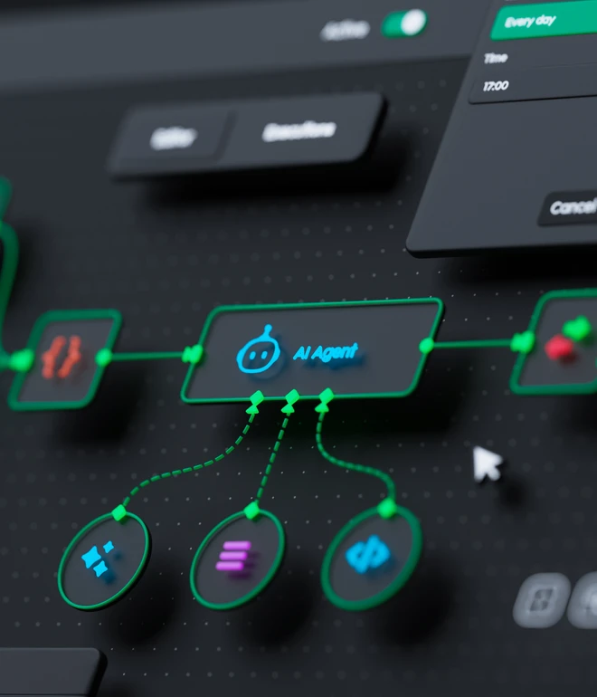 Dunkles UI-Dashboard mit grün leuchtenden Verknüpfungen, zentraler blauer Block und vernetzten runden Symbolen.