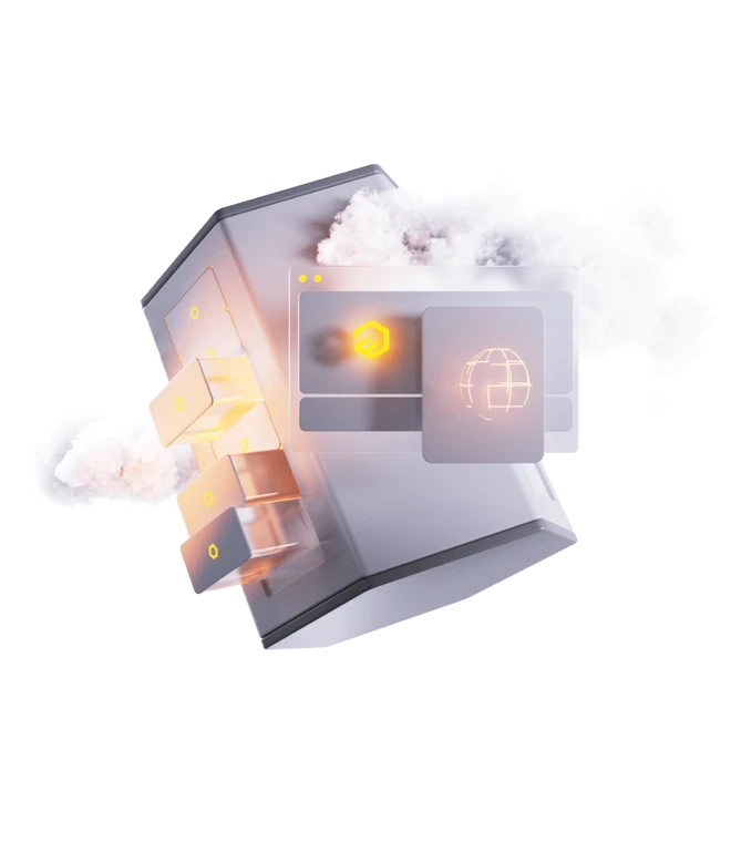 Futuristischer Computer mit schwebenden holografischen Displays und orange Leuchteffekte; Wolken im Hintergrund.
