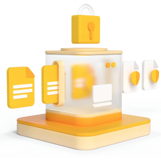 3D-Illustration: Gelbes Vorhängeschloss auf einer transparenten Box mit orangefarbenem Sockel; daneben gelbe Datei-Icons.