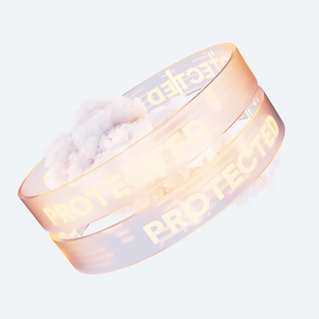 Transparentes, orangefarbenes Ringband mit PROTECTED-Aufdruck; daneben eine weiße Staubwolke.