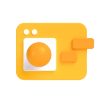Gelb-orangenes Rechteck mit weißem Quadrat und orangefarbenem Kreis; zwei weiße Punkte und zwei orange Balken