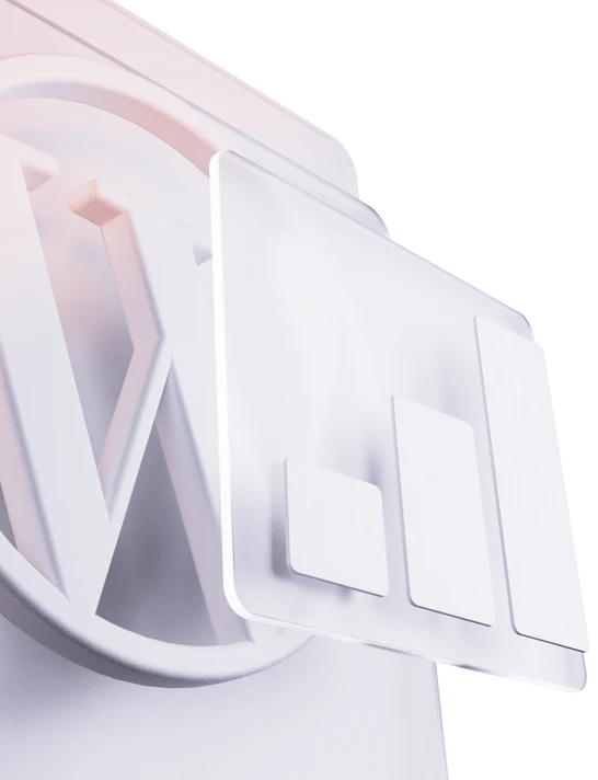 Weißes Logo mit W im Kreis, 3D-Objekt; auf weißer Oberfläche, rechteckige Paneele sichtbar.