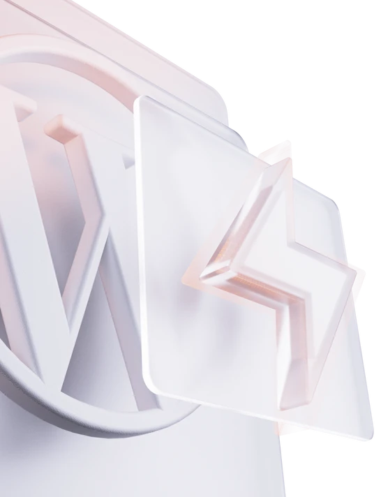 Nahaufnahme eines weißen runden Logos mit einem großen W, davor transparente Platten.