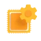 Gelbes Zahnrad liegt über einem orangefarbenen, abgerundeten Quadrat mit weißem Rahmen.