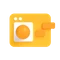 Gelb-orangenes Rechteck mit weißem Quadrat und orangefarbenem Kreis; zwei weiße Punkte und zwei orange Balken
