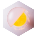 Pinkfarbene Halbkugel über gelbem Kreis vor einer hexagonalen Fläche.