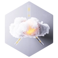 Weiße Wolke mit orange-gelbem Kern vor hellgrauem hexagonalem Hintergrund.