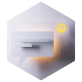 Weiße, metallisch wirkende hexagonale Platte mit Sprechblasenform und Karte; rechts gelber Lichtschein.